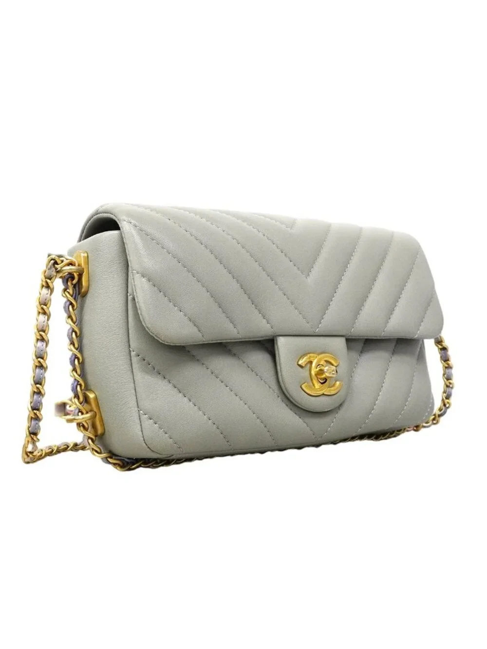 Chanel Shoulder Bag Che Blanc Lambskin Gray Gold